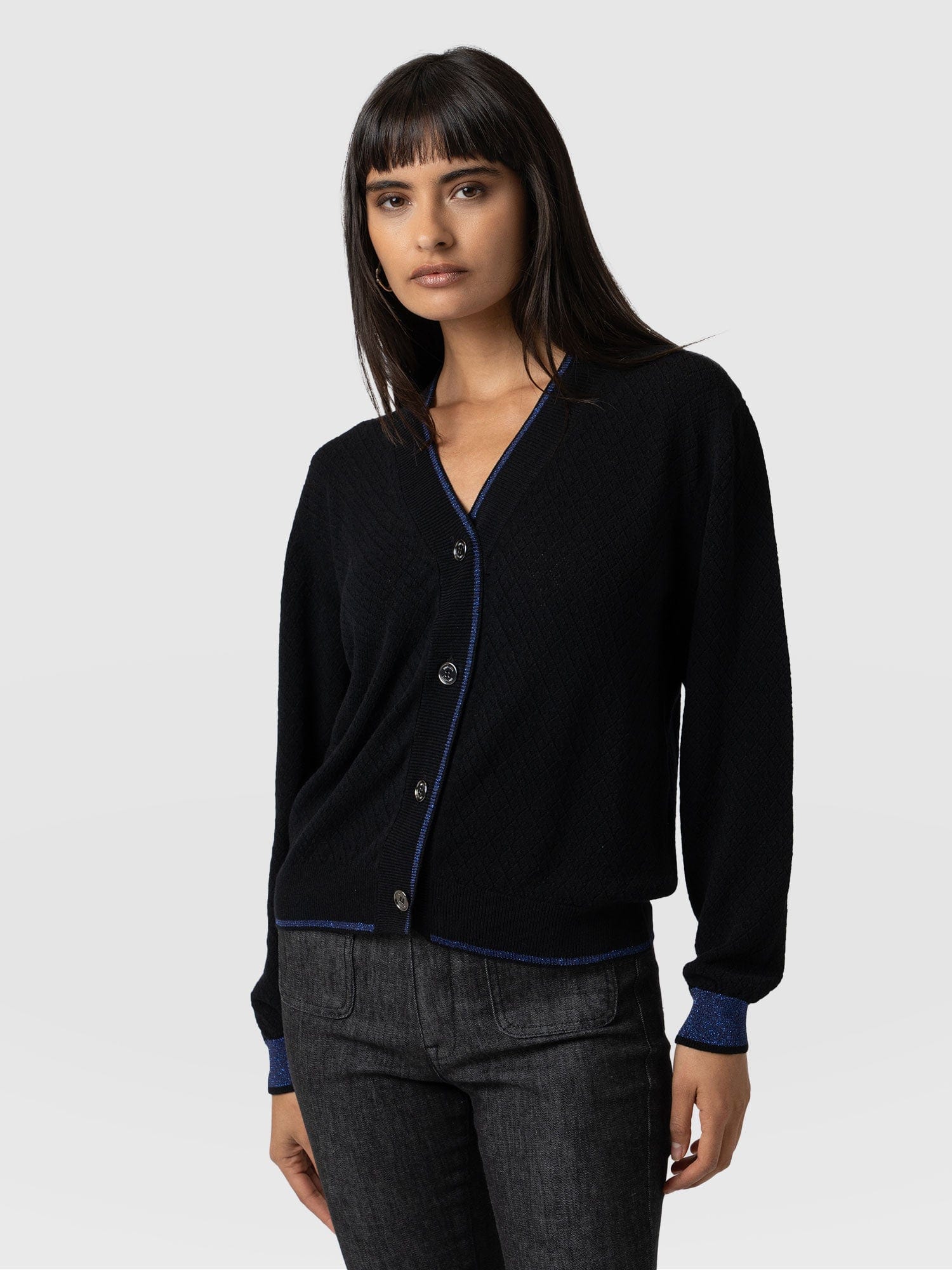 Diamond Knit Cardigan Black/Navy - Women's Cardigans | Saint + Sofia® UK